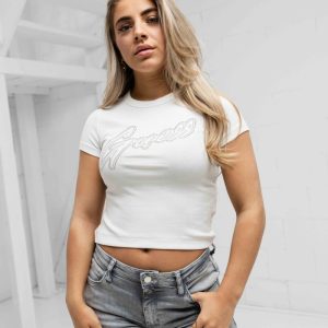 Guess Rib Logo T-Shirt Dames Wit